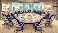 Stylized cartoon illustration of a corporate boardroom filled with older white male board members, highlighting the lack of diversity and gender disparity in corporate governance.